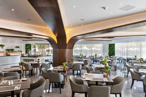 Airy and elegant, the dining area at Blue Horizon Restaurant