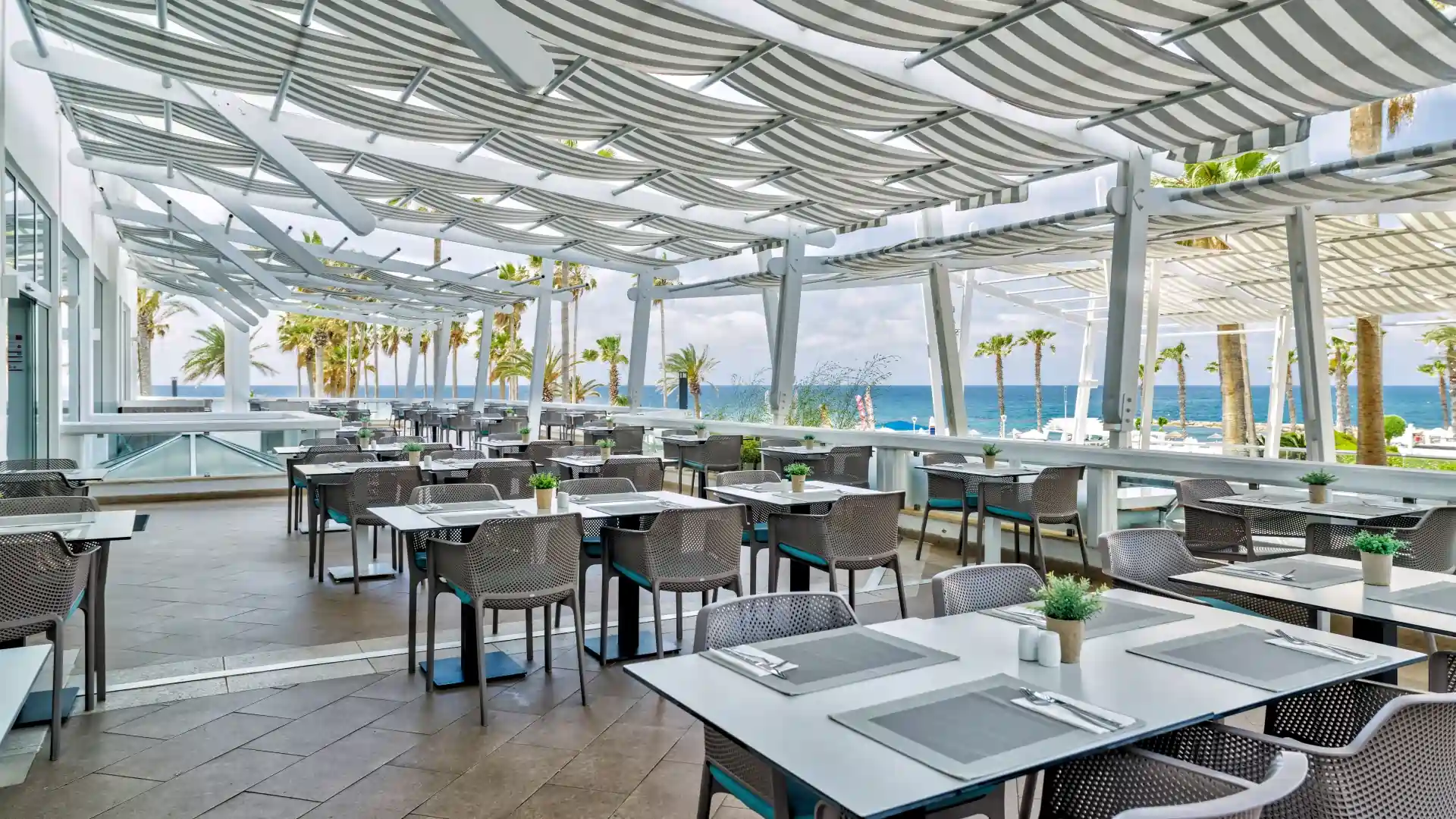 Airy and elegant, the dining area at Blue Horizon Restaurant