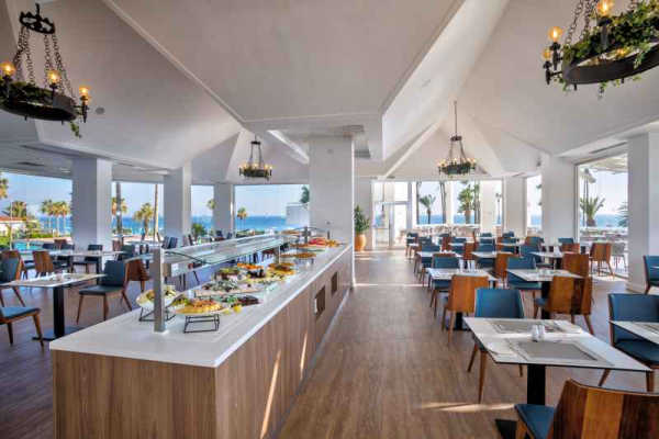Airy and elegant, the dining area at Blue Horizon Restaurant